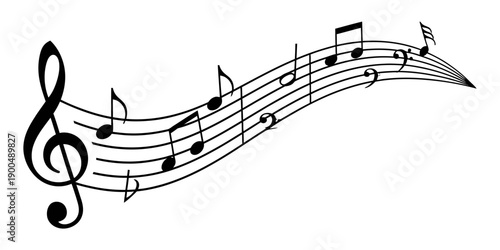 Musical Notes and Treble Clef on a Staff.