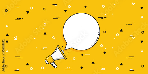 Megaphone with speech bubble on vibrant yellow background with geometric shapes.