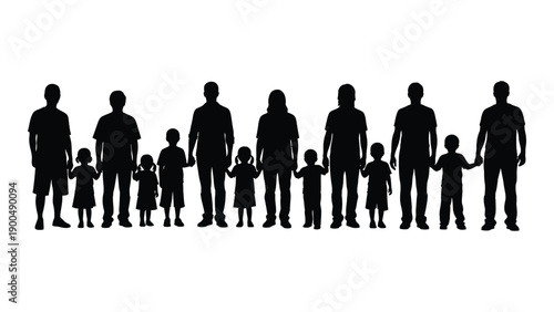 Silhouettes of diverse family members standing in a line against a white background Vector