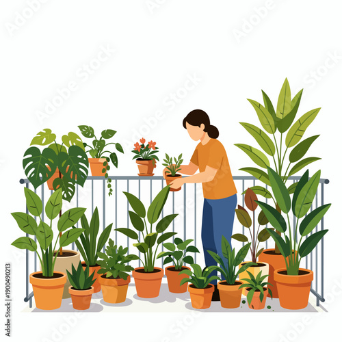 A young woman caring for a variety of lush green potted plants on a modern apartment balcony creating a peaceful urban garden sanctuary for relaxation.
