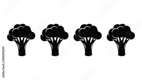 Four broccoli illustrations with dark green florets and thick black stems Vector