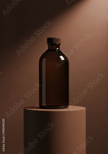 Monochrome product photography, unbranded amber bottle, matching brown background and pedestal