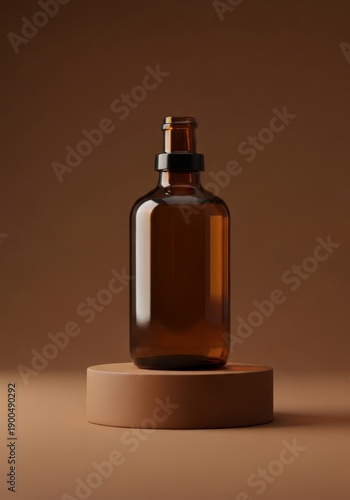 Monochrome product photography, unbranded amber bottle, matching brown background and pedestal, soft studio light, minimal style, realistic, premium stock image, no logo