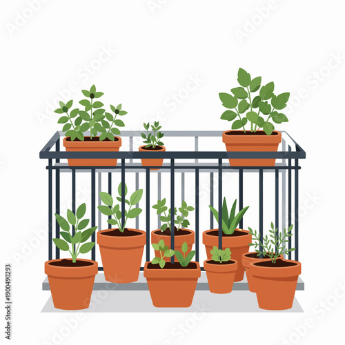 Diverse collection of green potted plants on a metal balcony railing representing urban gardening and sustainable home horticulture for modern city dwellers.
