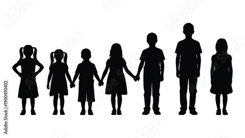 Silhouette of seven children holding hands in a line. Vector