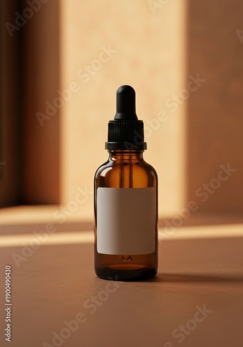 Natural skincare product photography, unbranded amber glass bottle with dropper, blank label, warm earthy background, subtle gradient backdrop, soft daylight, organic mood, realistic, premium stock im