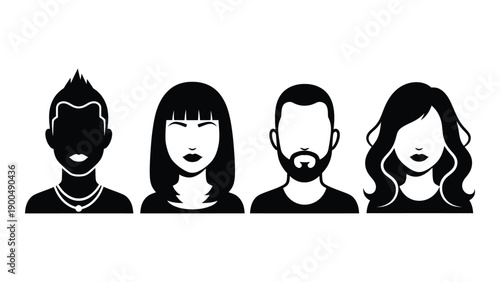 Diverse group of four people with unique hairstyles and facial features Vector