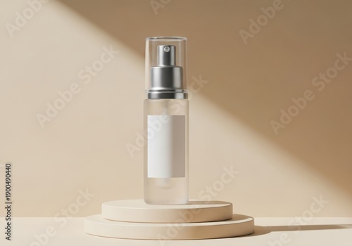 Luxury cosmetic product photo, unbranded serum bottle, blank label, matte cream background, minimal podium, diffused studio light, elegant composition