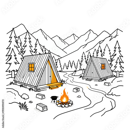 Scenic mountain retreat featuring cozy A-frame wooden cabins and a campfire by the river for travel blogging and winter vacation promotion materials.
