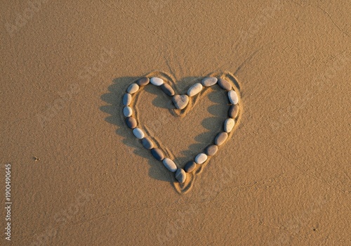 A heart shape drawing on the beach sand represents a romantic love symbol of nature by the ocean shore during a summer vacation travel holiday