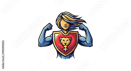 Empowered woman flexing muscles with lion shield symbol