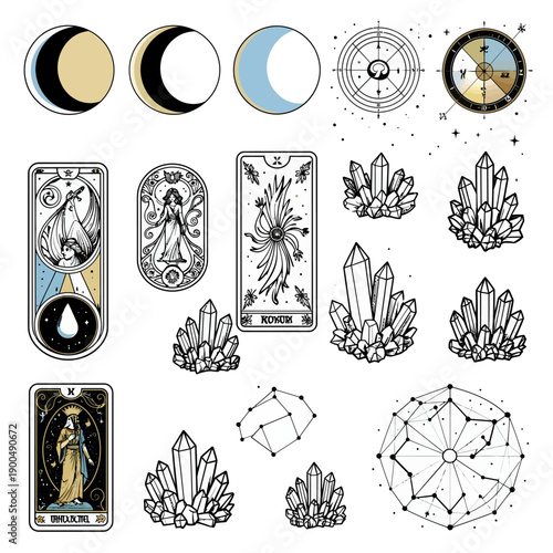Mystical collection featuring moon phases tarot cards and quartz crystals for spiritual divination and esoteric astrology themed graphic design projects.
