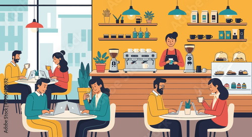 A vibrant illustration depicting a bustling coffee shop interior with patrons working on laptops and enjoying drinks
