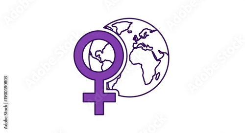 Purple female symbol overlapping globe representing women's rights and global equality