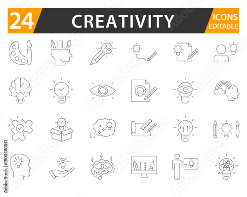 Creativity line icon set with editable strokes.