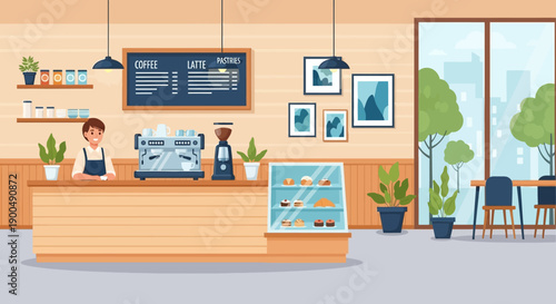 Cozy coffee shop interior with a smiling barista behind the counter and displays of pastries, creating a warm and inviting atmosphere for customers