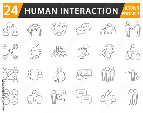 Human Interaction line icon set with editable strokes.