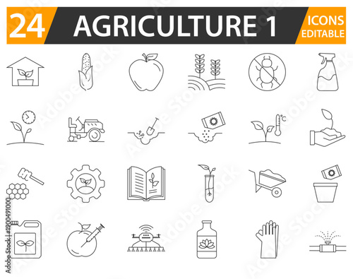 Agriculture line icon set with editable strokes.