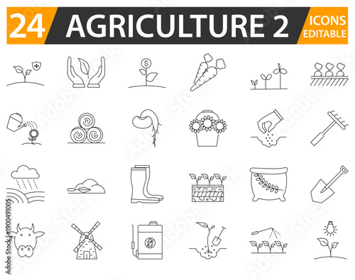 Agriculture line icon set with editable strokes.