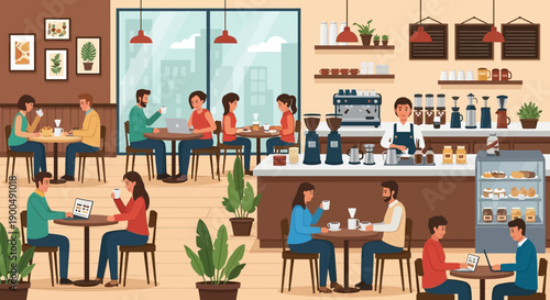 Vibrant coffee shop interior bustling with diverse individuals enjoying conversations, working remotely on laptops, and unwinding with warm beverages in a modern urban cafe