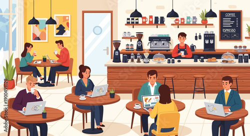 Busy coffee shop interior with diverse customers working on laptops, enjoying beverages, and socializing. A vibrant modern cafe scene depicting a blend of productivity and relaxation