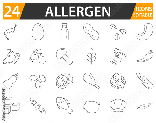 Allergen line icon set with editable strokes.
