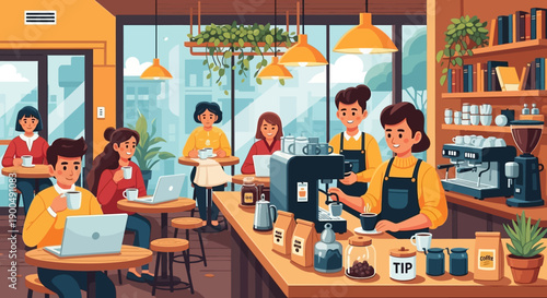 Dynamic cafe illustration showing customers working and relaxing with drinks. Baristas are busy serving at the counter, capturing a vibrant urban coffee shop ambiance