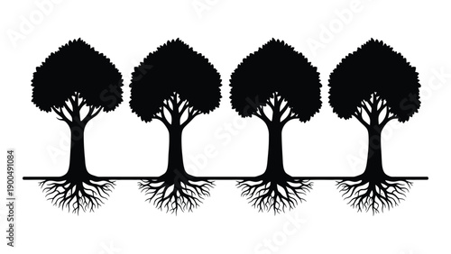 Four trees with intertwined roots standing in a row on a flat surface Vector
