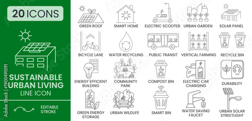 Sustainable Urban Living Icon Set – Eco-Friendly Smart City and Green Lifestyle Vector Icons