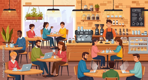 Warm and inviting coffee shop scene featuring diverse patrons engaged in conversation and focused work, creating a vibrant social hub for urban life and daily routines