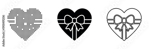 Set of three heart gift box icons – dotted halftone, solid silhouette, and outlined bow design for love and celebration