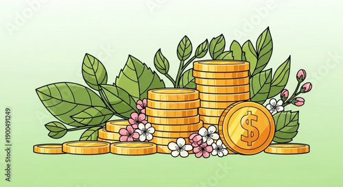 Stacked gold coins with green leaves and flowers on a gradient background