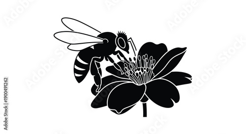 A black silhouette of a bee on a flower simple design silhouette