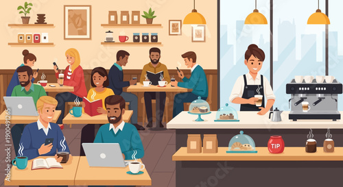 Dynamic coffee shop bustling with diverse patrons engaging in work, leisure, and social interactions, embodying the modern community hub concept