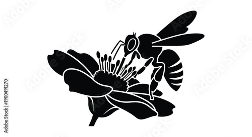 A black silhouette of a bee on a flower detailed illustration silhouette