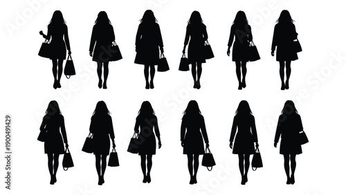 Silhouettes of people walking in a line, showcasing diverse outfits and postures. Vector