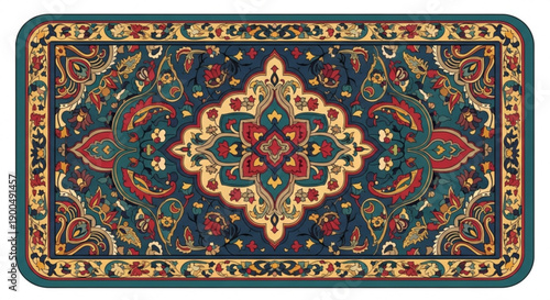 Vibrant persian style rug with intricate floral patterns and ornate border on white background