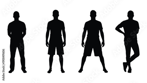 Four silhouettes of people in various poses and outfits against a white background Vector
