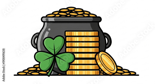 Lucky st patrick's day pot of gold coins with four leaf clover