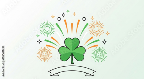 St patrick's day shamrock with festive fireworks and banner