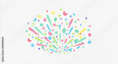 Colorful explosion of abstract shapes and flowers on white background