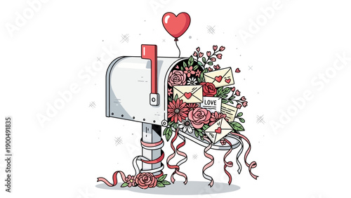 Romantic mailbox overflowing with love letters and flowers on Valentine's Day