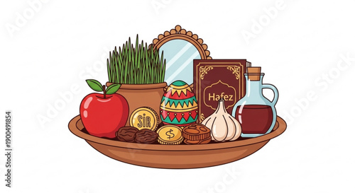Traditional nowruz celebration items on a wooden plate symbolizing renewal and abundance