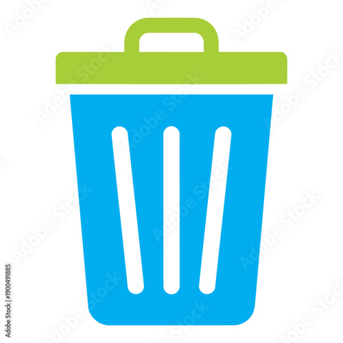 Blue Trash Can with Green Lid.