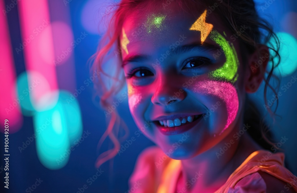 Fototapeta premium Child smiles with glowing neon face paint at dark party. Colorful ultraviolet light illuminates face. Fun celebration with vibrant colors and bright lights.