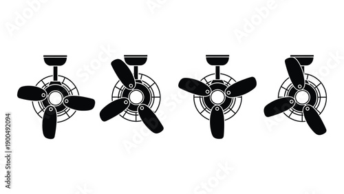 Four different types of ceiling fans with various blade designs and light fixtures Vector