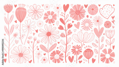 Cute Valentine Doodle Flower Pattern - Hand-Drawn Romantic Floral Design