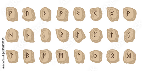 Set of hand drawn viking runes Rune stones with ancient norse alphabet characters engraved on them Scandinavian futhark germanic celtic Single element for design, print, web, decor