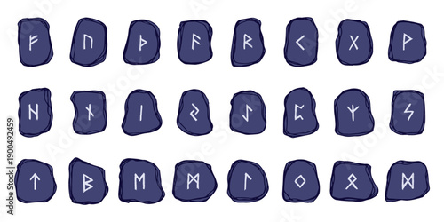 Set of hand drawn viking runes Rune stones with ancient norse alphabet characters engraved on them Scandinavian futhark germanic celtic Single element for design, print, web, decor