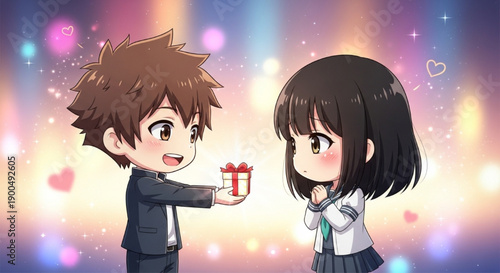 Chibi Boy Giving Valentine Gift To Girl